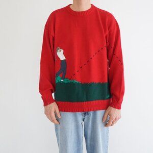 VTG Hathaway Golf Red Golfer Fairway Scene Hand Intarsia Country Club Sweater L